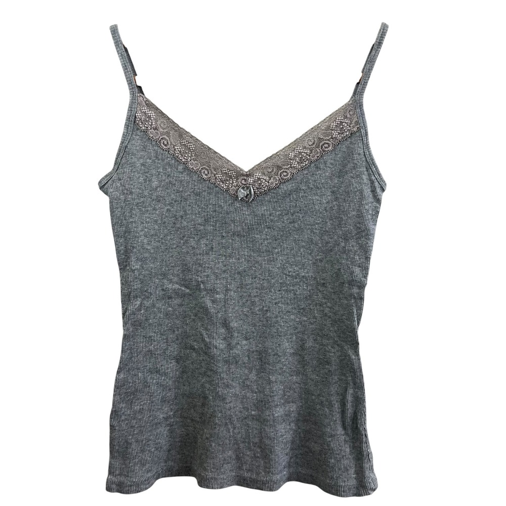 Express Cami Tank Top Gray Lace Trim Ribbed Cotton V-Neck Womens Size M Y2K